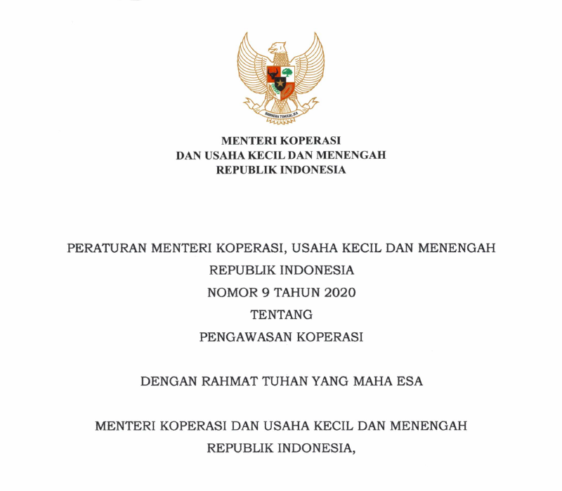 Peraturan Menteri Koperasi dan Usaha Kecil dan Menengah Nomor 9 Tahun 2020 Tentang Pengawasan Koperasi Koperasi