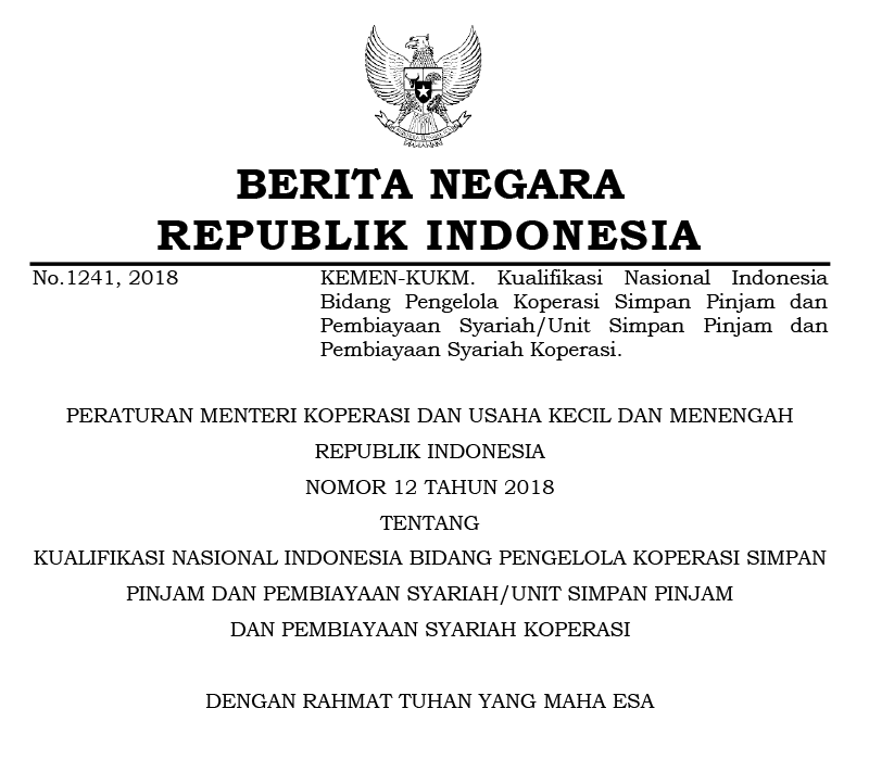 Peraturan Menteri Koperasi dan Usaha Kecil dan Menengah Nomor 12 Tahun 2018 Tentang Kualifikasi Nasional Indonesia Bidang Pengelola KSPPS